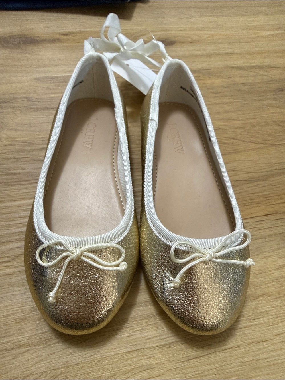 J. Crew Metallic Gold Ballet Flats with White Trim and Bow
